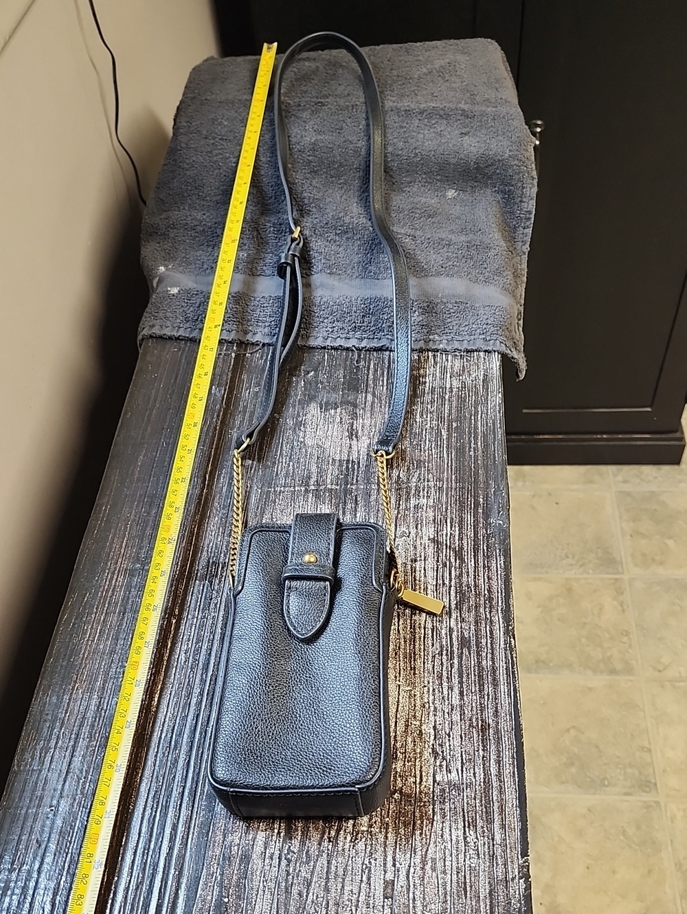 Fossil Black Leather Crossbody Phone Bag with Gold Hardware